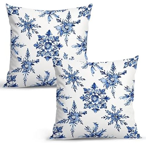 Sonw Pillow Covers 18x18, Blue and White Porcelain Floral Pillow Covers, Vintage Chinoiserie Pillow Cases, Retro Decor for Living Room Home Office, Chinoiserie Decor, Blue and White Decor, Set of 2