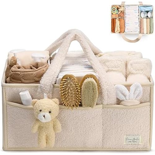 Baby Nappy Caddy Portable Storage Basket for Diapers and Wipes,Car Caddy Organizer,Nursery Diaper Organizer (beige)