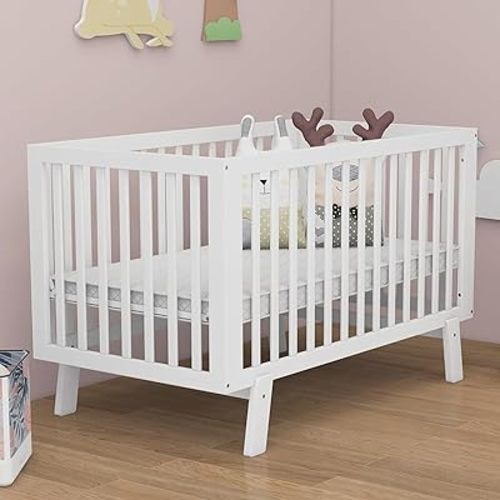 BABY JOY Wooden Baby Crib, Rubber Wood Mini Crib w/ 3-Height Adjustable Mattress Support Base & Full-Length Guardrails, Toddler Bedroom Furniture Fence Bed (White)