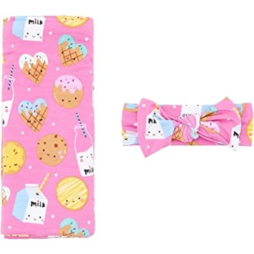 Little Sleepies Newborn Swaddle + Headband Set, Viscose from Bamboo Baby Wrap, Pink Cookies & Milk