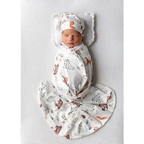 Bellasignoro Newborn Receiving Blanket Swaddle Blanket Headband Beanie Set for Baby Boy Baby Girl (Animal 3)