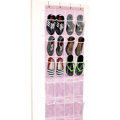 Simple Houseware 24 Pockets - Crystal Clear Over The Door Hanging Shoe Organizer, Pink (64'' x 19'')