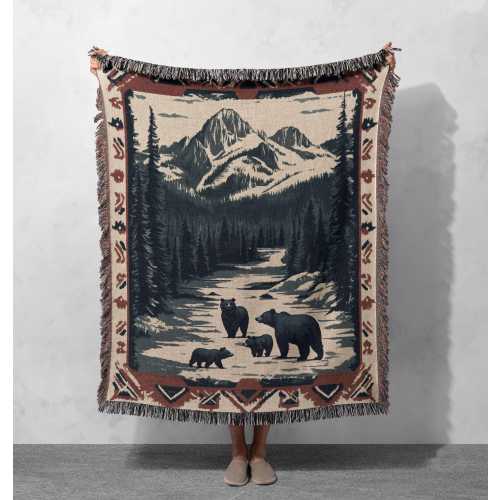 Mountain Bear Family Woven Blanket 100% Cotton - Rustic Lodge Cabin Decor Throw, Cottagecore Tapestry