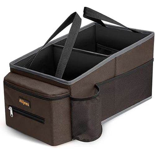 Car Back Seat Organizer - Car Organization Road Trip Essentials Kids, Car Accessories for Women Men Interior with Cup Holders, Tissue Box, Mesh Pockets, Brown