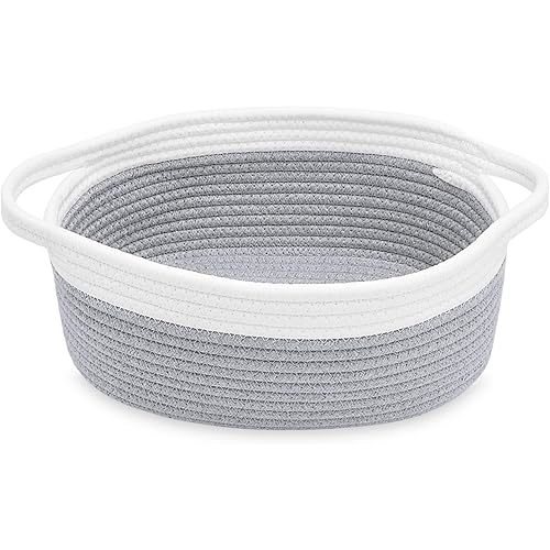 ABenkle Small Basket, 12"x 8" x 5" Cute Small Woven Basket, Rope Room Shelf Storage Basket, Cat Dog Toys Basket Chest Box, Decorative Empty Gift Basket with Handles - Grey