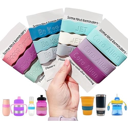 3 Piece Personalized Baby Bottle Labels for Daycare School Summer Camp Customized Children's Water Bottle Name Bands Custom Engraved Reusable Silicone Cup Bands Labels