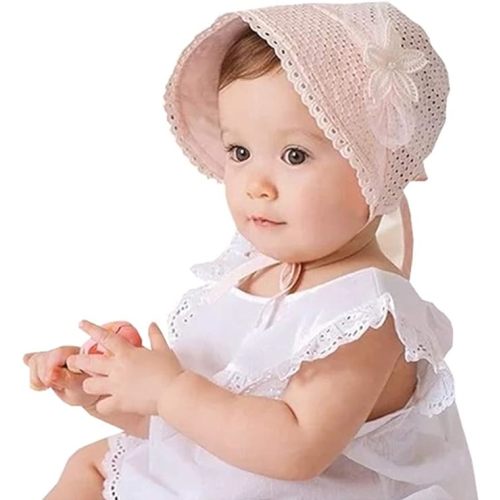 Baby Girl Toddlers Breathable Lacy Bonnet Eyelet Cotton Adjustable Sun Protection Hat - Medium - Pink