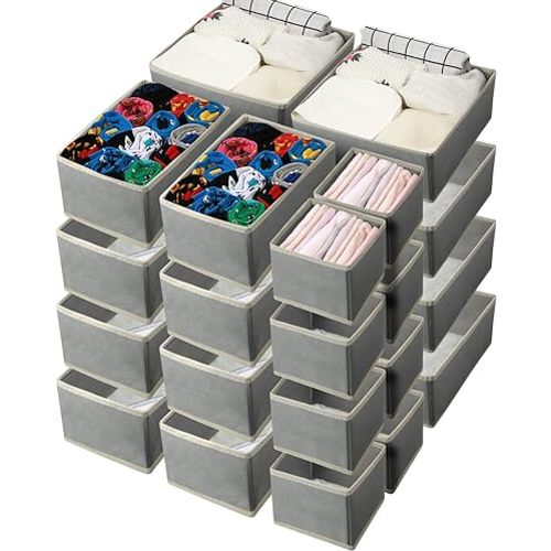 24 Set Clothes Dresser Drawer Organizers Dividers, Nursery Organization Bin Fabric Foldable Closet Clothing Wardrobe Storage Box Container Basket for Bras Socks Underwear Bedroom(Gray)