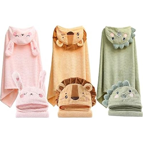 Toddler Hooded Bath Towels 27.5"X55" Unisex Baby Bath Towels Ultra Absorbent Soft Boys Girls Bath Towel 3-Pack Bathrobe Kids Shower Towel Set Gift for Babies, Infant, Newborn Essential