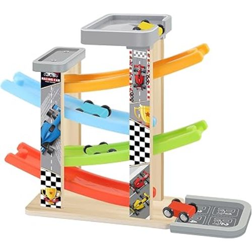 Wooden Car Ramp Toy Set, Montessori Ramp Set Includes 4 Mini Cars and Track — Educational Gift for Boys and Girls 3+ Years Old