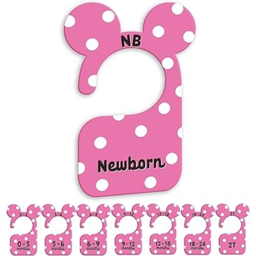 JMOST Girl Baby Closet Dividers for Nursery Closet Organizer, Newborn to 24 Months Size Clothes, Cute Pink Hangers with Size Dividers, Double Sided