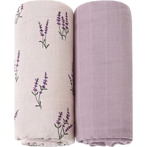 LifeTree Baby Swaddle Blankets Girls, Organic Muslin Swaddle Blankets Unisex Swaddling Wrap Receiving Blanket Neutral for Newborn, Organic Cotton, Large 47 x 47 inches, Lavender & Mauve