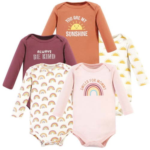 Hudson Baby Infant Girl Cotton Long-Sleeve Bodysuits, Sunshine Rainbows 5-Pack, Newborn