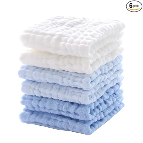 MUKIN Baby Washcloths - Soft Face Cloths for Newborn, Absorbent Bath Wipes, Burp Cloths or Towels, Baby Registry as Shower. Pack of 6-12x12 inches (Blue)