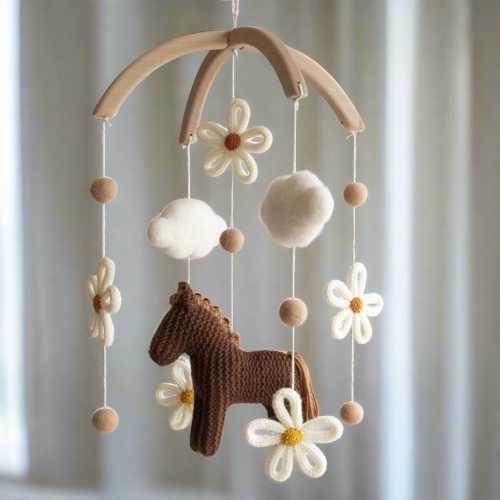 Floral horse baby mobile - Boho farm nursery decor - Cowgirl crib mobile - Pony & Daisies cot mobile - Baby shower gift