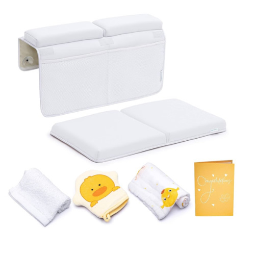 Bath Kneeler and Elbow Rest Pad, Extra Thick Baby Bath Kneeling Pad and Elbow Pad for Bathtub. Bath Tub Elbow Pad with Infant Toy and Baby Accessories Organizer, Off White Color