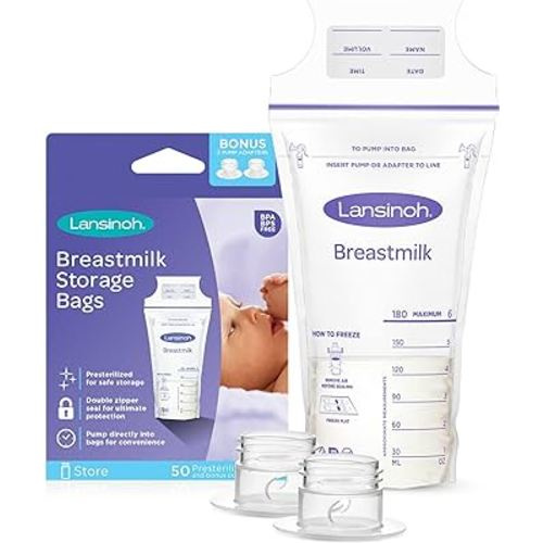 Lansinoh Breastmilk Storage Bags, 50 Count with 2 Pump Adapters, Easy to Use Breast Milk Storage Bags for Feeding, Presterilized, Hygienically Doubled-Sealed for Refrigeration and Freezing, 6 Ounce