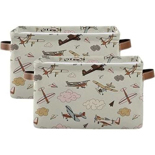 AUUXVA Storage Basket Vintage Retro Aircraft Airplane Shelf Basket Indoor Canvas Storage Bin Toys Organizer Box with Handles for Kids Room Kitchen Office Desk 2 Pcs
