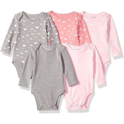 Hanes Baby and Toddler Ultimate Flexy Long Sleeve Bodysuit (5 Pack) - 0-6 Months - Pink Shapes