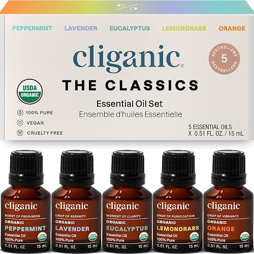 Cliganic Organic Essential Oils Set (Top 5 x 15ml) - 100% Pure Natural - Aromatherapy, Candle Making - Peppermint, Lavender, Eucalyptus, Lemongrass & Orange