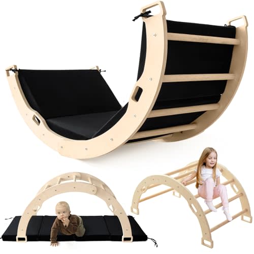 Kids Climber Arch Rocker with Cushion Black, Montessori Climber Indoor Climbing Toys for Toddler, Arch Climber Wooden Indoor Playground for Kids, Large Children Arch Climbing with Cushion