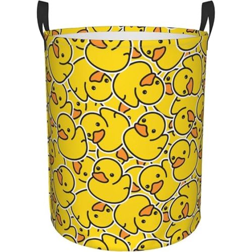 62L Round Laundry Hamper Cute Rubber Ducky Storage Basket Waterproof Coating Yellow Cartoon Ducks Organizer Bin For Nursery Clothes Toys