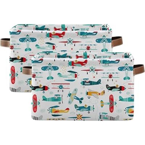 Storage Basket Cube Cartoon Airplane Helicopter Large Collapsible Toys Storage Box Bin Laundry Organizer for Closet Shelf Nursery Kids Bedroom,15x11x9.5 in,2 Pack
