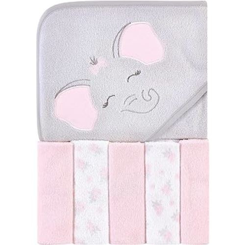 Hudson Baby Unisex Baby Hooded Towel and Five Washcloths, Pink Elephant, One Size
