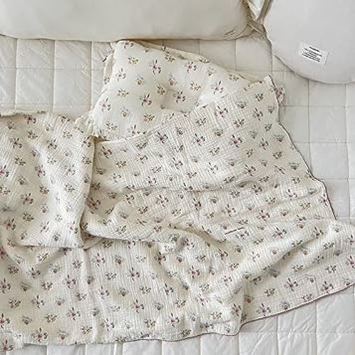 BuLuTu Large Cotton Muslin Kids Toddler Throw Blanket - 47''x51'' Reversible Lightweight Azalea Little Flower Thin Summer Quilt Baby Quilt for Crib Bed,Stroller,Travel,White