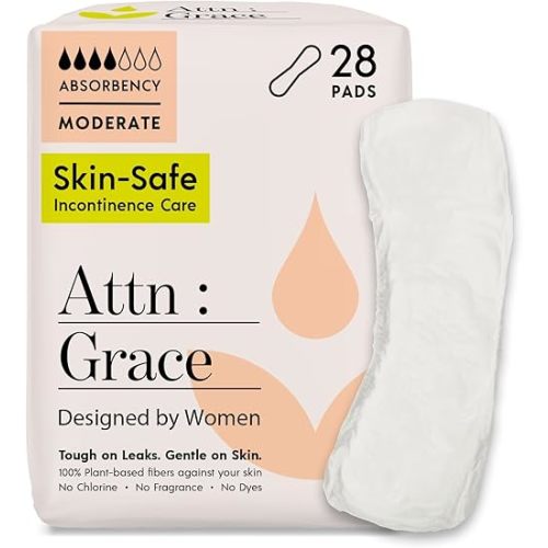 Attn: Grace Moderate Incontinence Pads for Women, 28-Pack - High Absorbency, Breathable, Plant-Based - Incontinence Pads for Moderate Bladder Leaks & Sensitive Skin