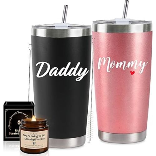 Pregnancy Gifts for New Parents 20 Oz Mom and Dad Tumbler Set for First Time Moms Dads Expecting Parents to Be Mother's Day Father's Day Baby Shower Gender Reveal Presents (Rose Gold & Black)