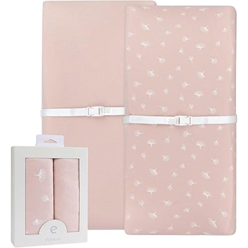 Ely’s & Co. Changing Pad Covers│Cradle Sheets 2-Pack — Combed, 100% Jersey Cotton for Baby Girl — Rosewater Pink, Pin Dots & Gingko Leaves