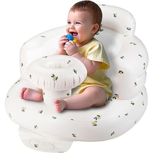 Portable Inflatable Baby Seat, Waterproof Infant Floor Chair with Tray for Sitting Up, Built-in Valve Toddler Support Blow Up Baby Chair, Essentials for Newborns Aged 3 to 36 Months (Olive)