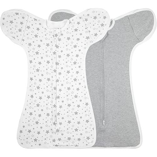 2 Pack Transition Swaddle with 2 Way Zipper, 2 in 1 Arms in/Out Transitional Arms Up Swaddle, 100% Cotton Newborn Swaddles Zipper Swaddles Baby Swaddling Sack Sleeping Sack 0-3 Months Star & Gray