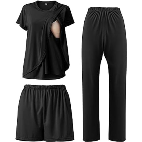 Rnxrbb 3 Piece Postpartum Nursing Pajamas Set Double Layer Maternity Breastfeeding Pjs Sleepwear