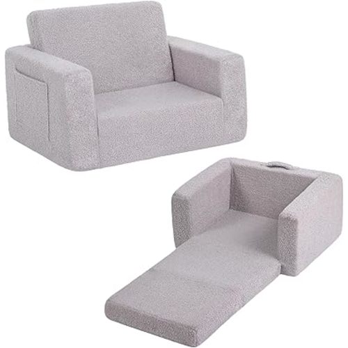 Tiita Kids Sofa, 2-in-1 Kids Sofa Chair, Convertible Children Couch to Lounger, Flip Out Kids Sofa Chair, Toddler Armrest Chair Bed, Folding Kids Play Sofa for Girl or Boy (Grey)