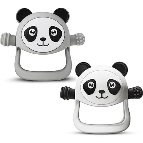 Teething Toys for Babies 0-6-12 Months, 2 Pcs Never Drop Baby Teether for Teething Relief, Silicone Baby Hand Mitten with Sucking Need Pacifier, Baby Chew Toys for Breast Feeding, White+Grey