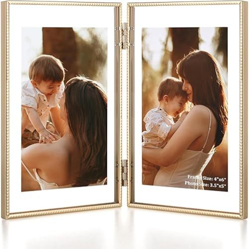 4x6 Double Floating Picture Frame, Floating Display for 2x3 3.5x5, Hinged Folding Beaded Metal Picture Frames with Real Glass, Tabletop Photo Frame for Multiple Size, for Home Decor, Gold