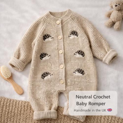 Hedgehog Crochet Baby Romper – Handmade UK Baby Outfit – Unisex Knit Romper – Baby Shower Gift 3M–2Y