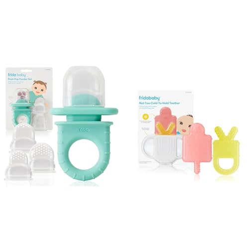 Frida Baby Push Pop Feeder, Baby Fruit Feeder + 4-in-1 Teether Teething Toy 100% Food-Grade Silicone Food Pacifier and Teether Toy for Baby 0-6, 12, 18 Months Infant