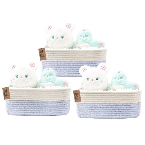 Small Storage Baskets for Organizing | Cotton Rope Woven Basket | Toy Storage Bin Box | Basket for Shelves, Closet Organizer Bin, Decorative Closet Shelf, 3 Pack, white/bule