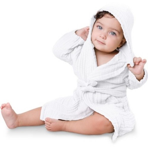 Comfy Cubs Muslin Bath Robe for Kids 100% Cotton, 4-Layer Absorbent Muslin Fabric - White, 6-12 Months