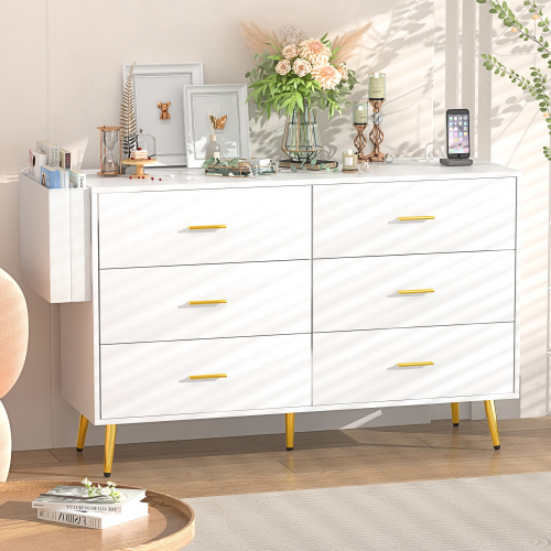 6 Drawer Dresser with Power Outlets, Mid-Century Modern Chest Of Drawers, Double Dresser Storage Cabinet For Bedroom Living Room Hallway