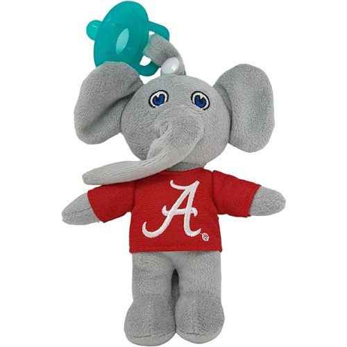 Baby Boy and Girl Silicone Pacifier with College Mascot Stuffed Toy Plush, Collegiately Licensed, Big Al, University of Alabama