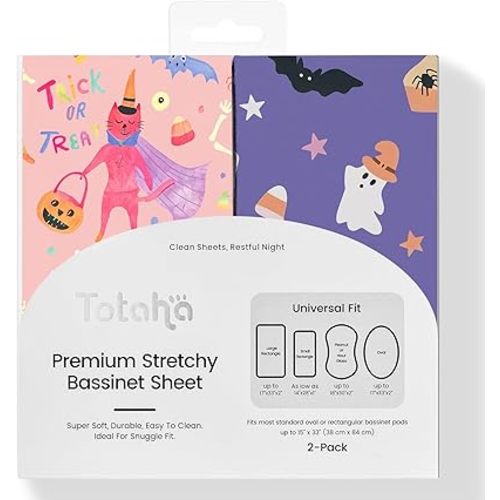 Halloween Bassinet Sheets Neutral Fits Standard 16" X 32" Mattress, Pink Pumpkin Bassinet Fitted Sheet Set 2-Pack, Universal Fit for Hourglass Oval and Rectangle Bassinet Mattress, Boo, Trick or Treat