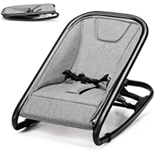BABY JOY 2 in 1 Baby Bouncer, Portable Baby Rocker with 3-Point Harness, Folding Stationary Seat Infant Bouncer for Babies, Newborns (Light Gray)