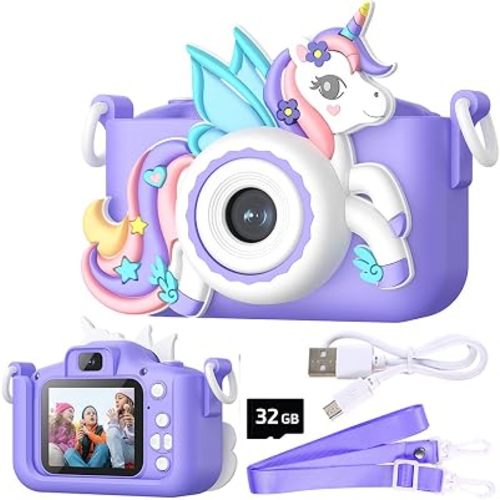 Wembley Kids Camera for Boys & Girls 3–8 Years | Digital Camera for Kids 1080P Selfie Video | Toddler Unicorn Camera Rechargeable with Games | 32GB Card | Silicone Cover | Birthday Gift - Purple
