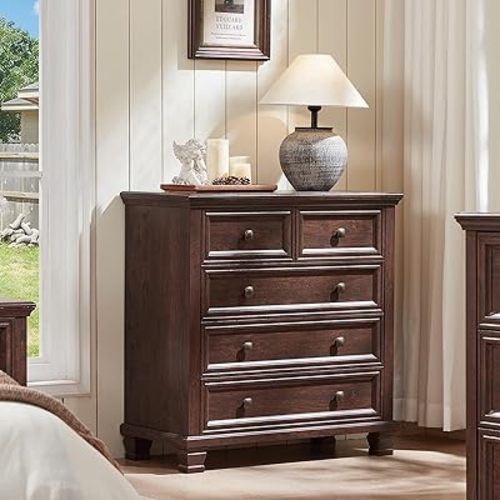 Farmhouse 5 Drawer Dresser for Bedroom, 32.6 Inch Tall Vintage Wood Chest of Drawers, Rustic Small Dressers w/Square Wooden Legs, Mid-Century Storage Organizer for Living Room, Walnut