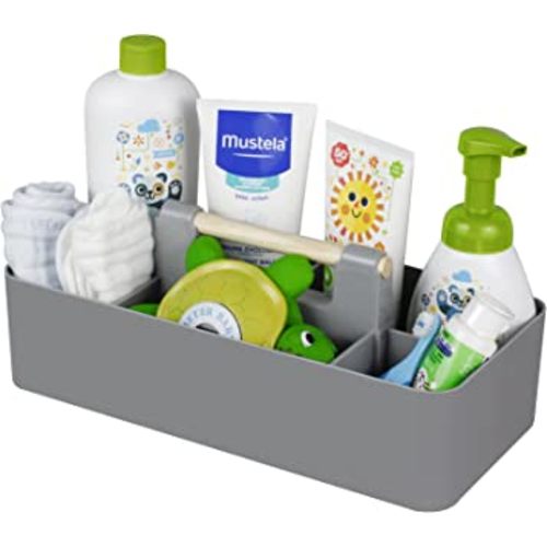 Baby Shower Caddy Plastic Nursery Portable Storage Organizer Caddy Tote for Child/Kids, Divided Basket Bin with Wood Handle for Bathroom, Dorm Room, Holdsn Bottles, Spoons, Gray