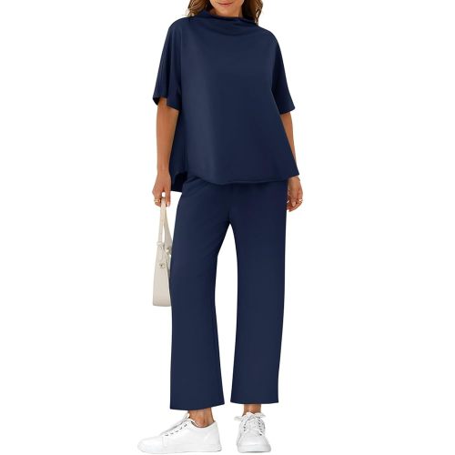 Yousify Women's Oversized Lounge Set 3/4 Batwing Sleeve Crew Neck Pullover Top Wide Leg Pants Two Piece Outfits